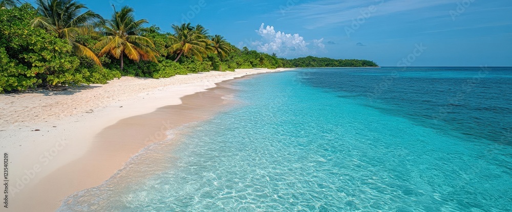 Fototapeta premium Tranquil Tropical Beach Scene: Azure Waters, White Sand, Lush Greenery