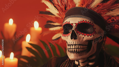 A decorated skull wearing a feathered headdress sits among candles, creating a haunting yet festive atmosphere, evoking themes of life and death. photo