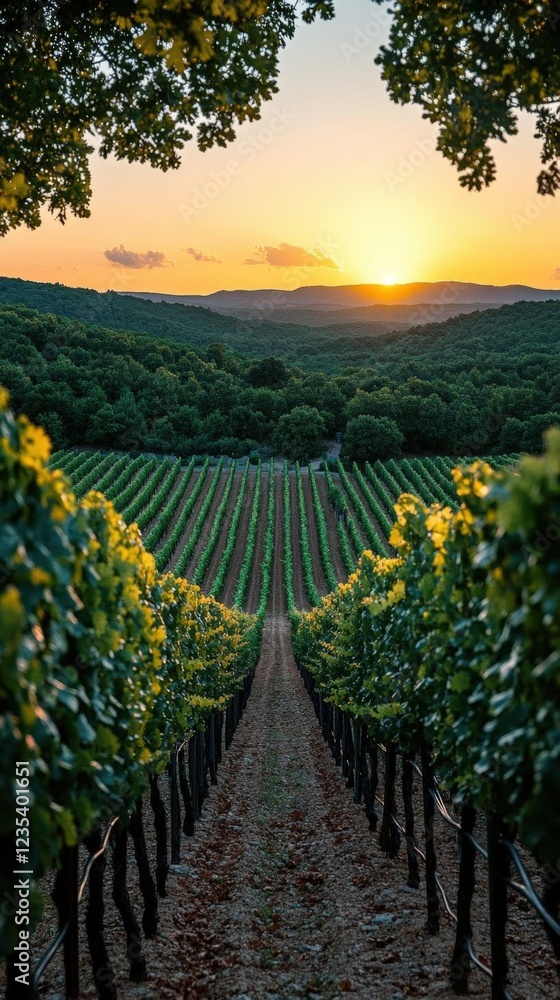 Fototapeta premium Sunset over Lush Green Vineyard Rows