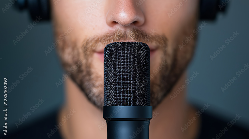 A close-up of a bearded man speaking into a professional microphone, capturing details of voice recording and podcasting.
