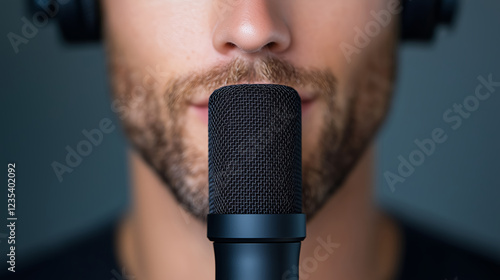 Obraz na płótnie A close-up of a bearded man speaking into a professional microphone, capturing details of voice recording and podcasting. w salonie
