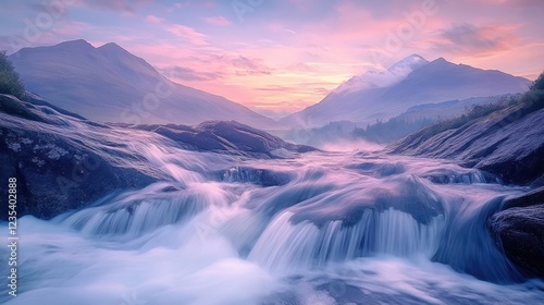 Serene sunrise over misty mountain river