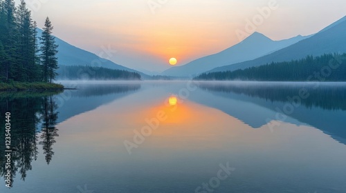 Wallpaper Mural Sunrise Over a Misty Mountain Lake Torontodigital.ca