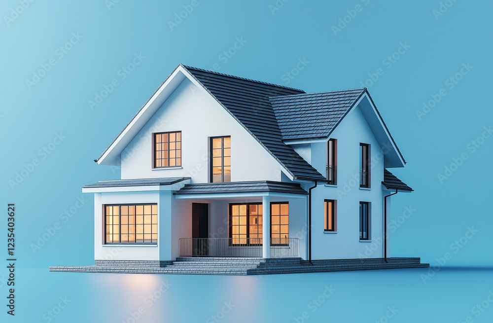 A stylish blue minimalist 3D house with warm glowing windows, set against a clean blue background. A stylish blue minimalist 3D house with warm glowing windows, set against a clean blue background.