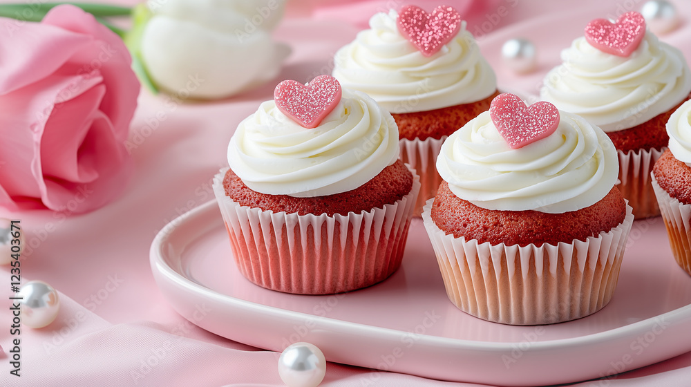 Red velvet cupcakes with creamy frosting and heart-shaped decorations, perfect for romantic celebrations and sweet moments. Red velvet cupcakes with creamy frosting and heart-shaped decorations, perfect for romantic celebrations and sweet moments.