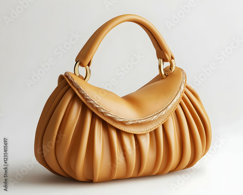 3D Render of Elegant Mustard Yellow Pleated Handbag with Gold Accents