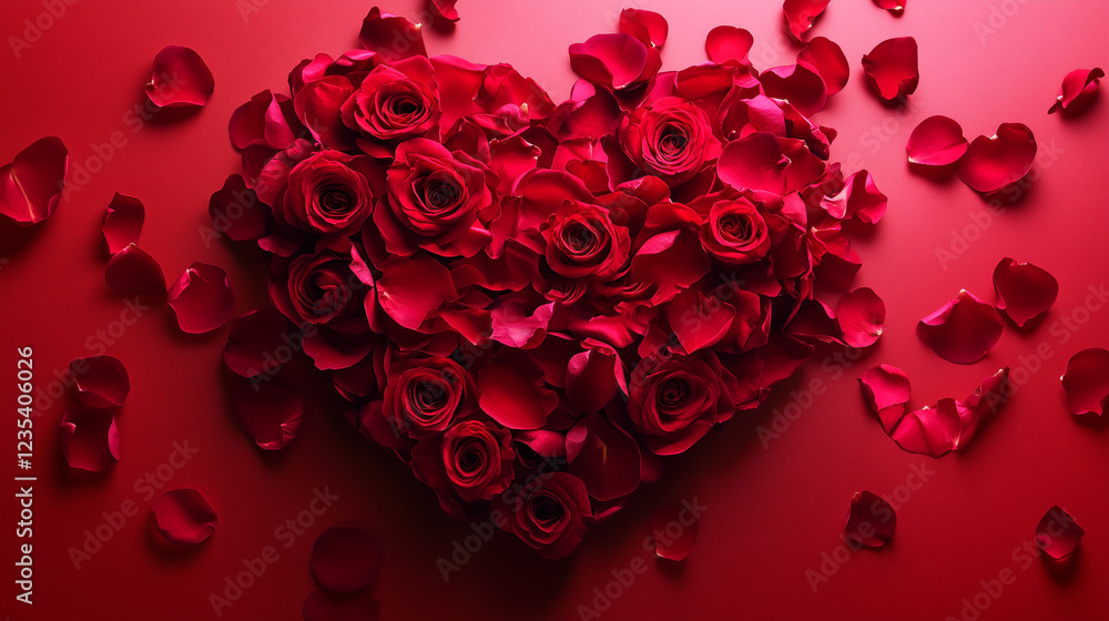 Heart-shaped red roses and petals composition. Red Roses. Valentine's day. Declaration of love Heart-shaped red roses and petals composition. Red Roses. Valentine's day. Declaration of love
