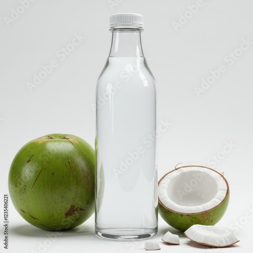 Fresh coconut water bottle, studio shot, white background, healthy drink photo