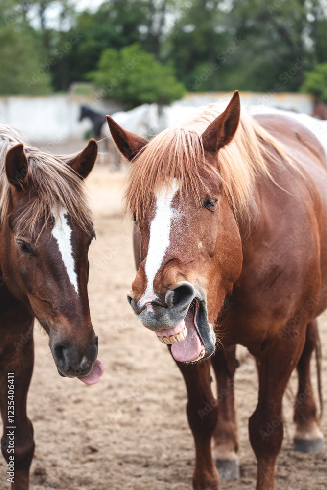 Funny portrait of two chestnut draft horses. One mare yawns and the other sticks out her tongue.. Funny portrait of a laughing horse Funny portrait of two chestnut draft horses. One mare yawns and the other sticks out her tongue.. Funny portrait of a laughing horse