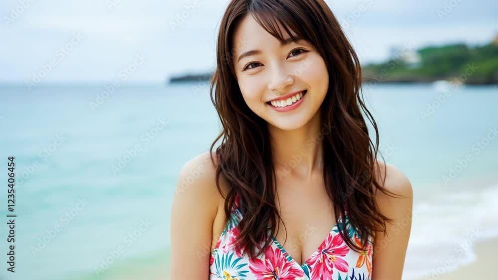 ビーチで笑顔を見せる若い女性 ビーチで笑顔を見せる若い女性