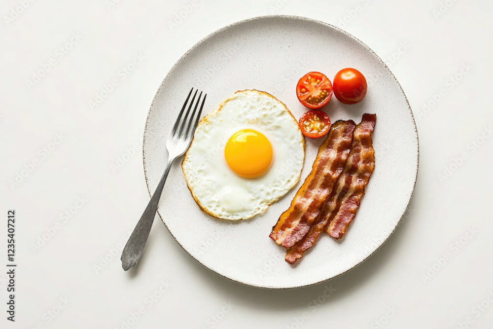 Fried Egg with Bacon, Tomatoes, and Parsley on a White Marble Background Fried Egg with Bacon, Tomatoes, and Parsley on a White Marble Background