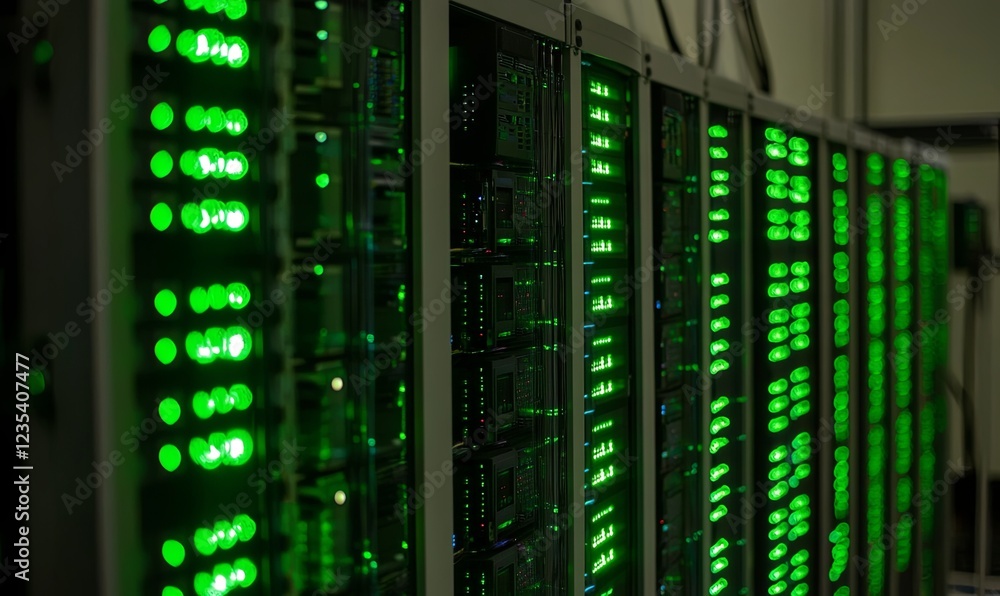 Server room with glowing green lights, data center, technology infrastructure Server room with glowing green lights, data center, technology infrastructure