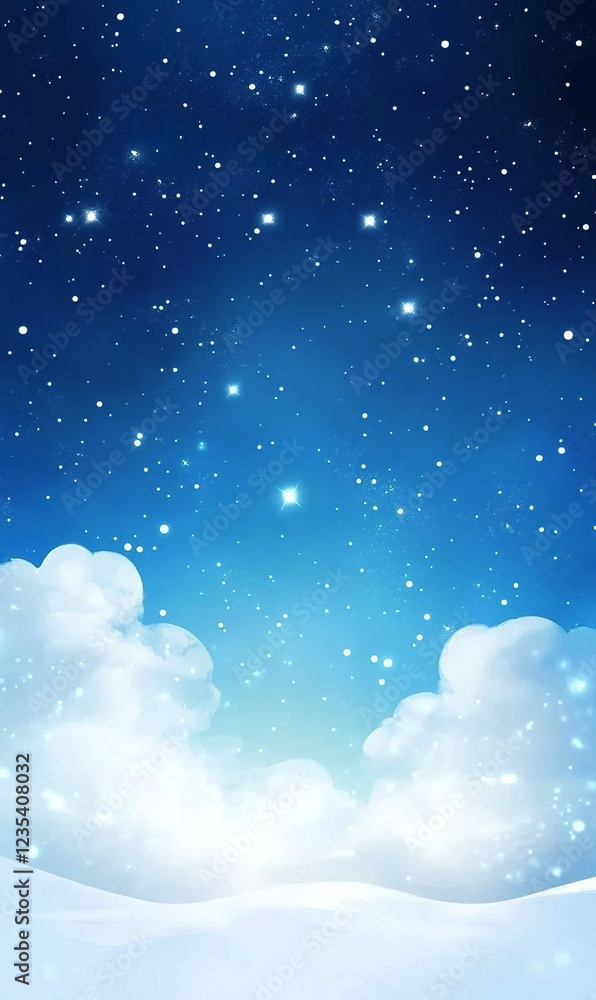 Fototapeta premium Snowy landscape under starry night sky, ideal for winter holiday designs
