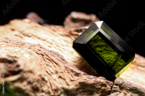 Beautiful shiny green gemstone on stone, closeup. Space for text photo