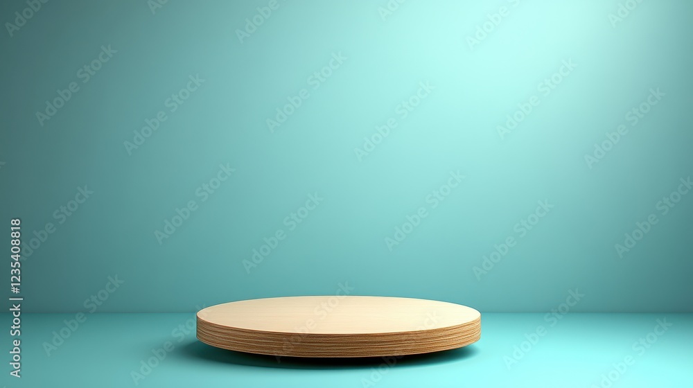 Wooden Circular Platform Against Teal Background Wooden Circular Platform Against Teal Background
