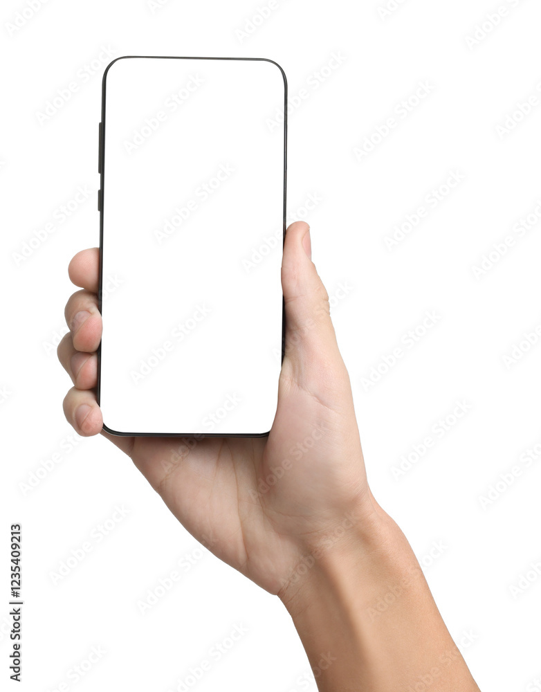 Man with modern smartphone on white background, closeup Man with modern smartphone on white background, closeup