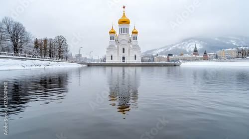 Winter church reflection, snowy lake, mountains