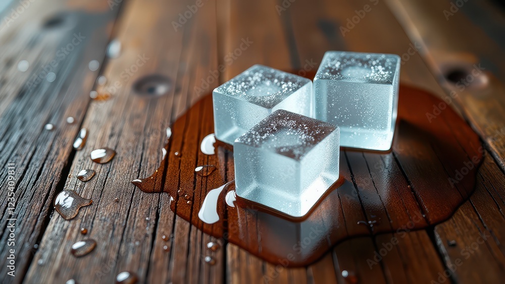 Melting ice cubes with water droplets on a rustic wooden surface in warm lighting Melting ice cubes with water droplets on a rustic wooden surface in warm lighting