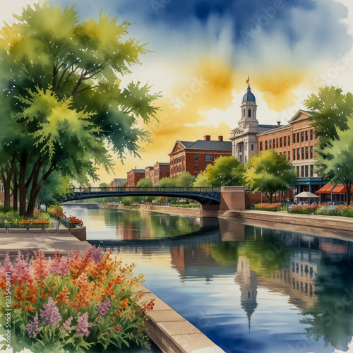 watercolor illustration the scenic beauty of Elkhart, focusing on the RiverWalk. Show the tranquil waters of the Elkhart River,  photo