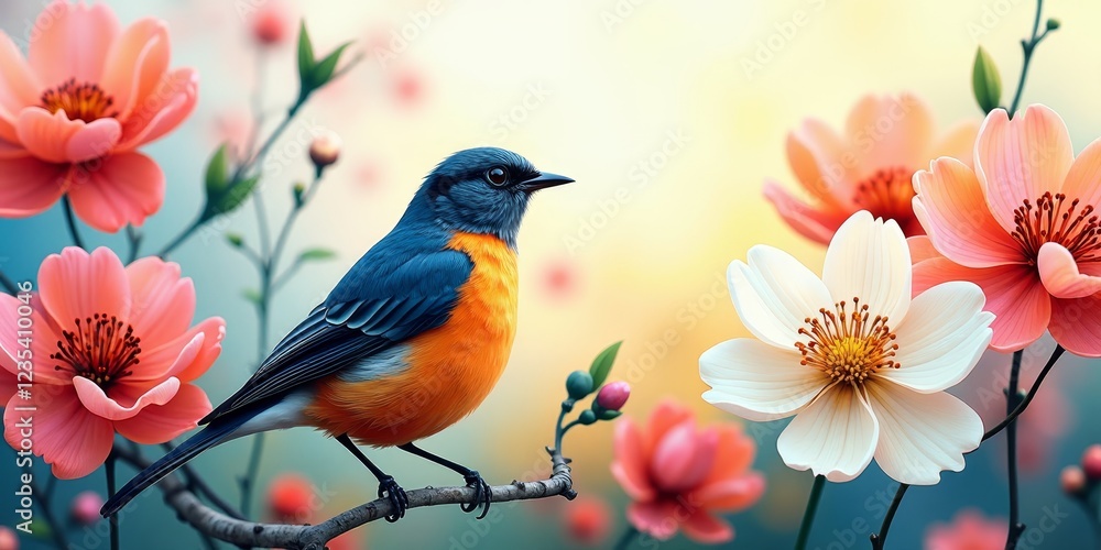 A blue and orange bird perched on a branch surrounded by flowers A blue and orange bird perched on a branch surrounded by flowers