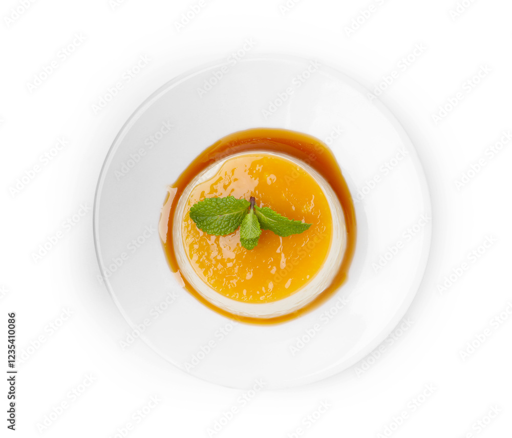 Tasty pudding with caramel sauce and mint isolated on white, top view Tasty pudding with caramel sauce and mint isolated on white, top view