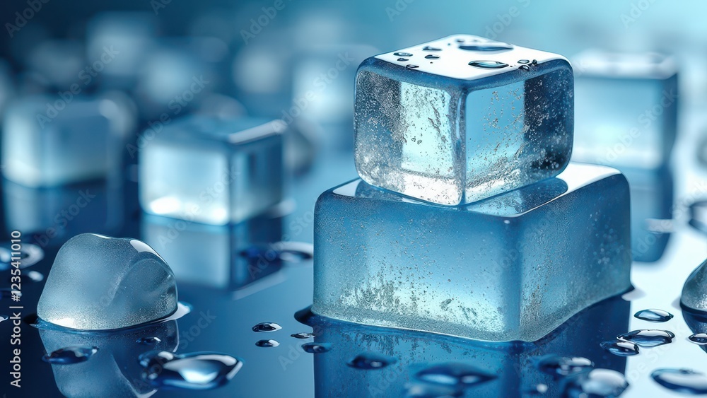 Close-up of melting ice cubes with water droplets on a reflective wet surface Close-up of melting ice cubes with water droplets on a reflective wet surface