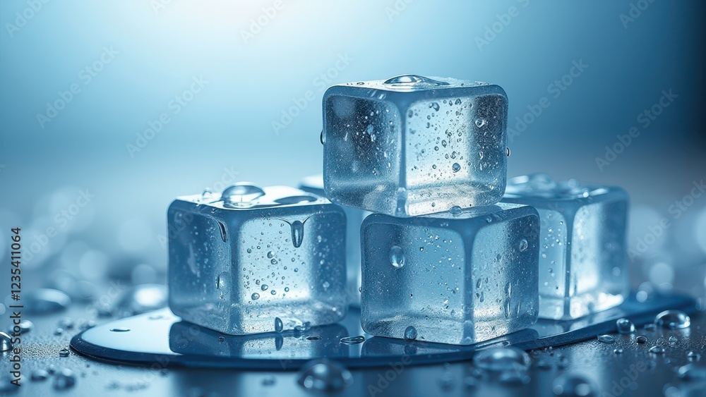 Close-up of melting ice cubes with water droplets on a reflective wet surface Close-up of melting ice cubes with water droplets on a reflective wet surface