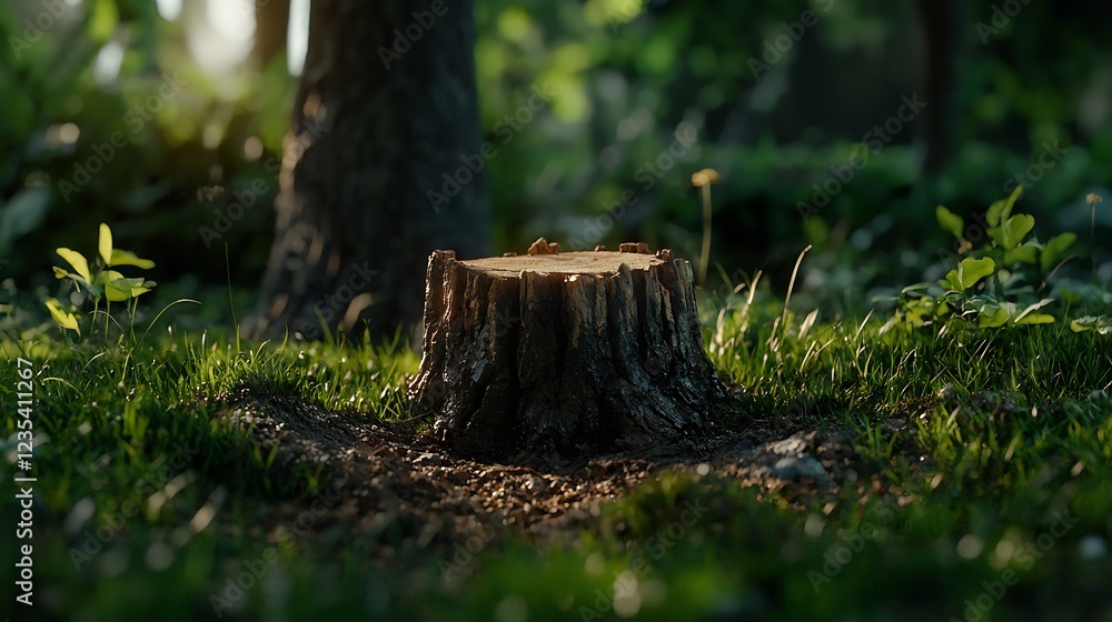 Tree Stump in Lush Green Forest Setting Tree Stump in Lush Green Forest Setting