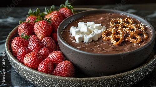 A gourmet chocolate fondue set for a Valentinea??s evening, with strawberries, marshmallows, and heart-shaped pretzels arranged for dipping