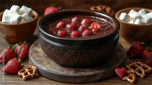 A gourmet chocolate fondue set for a Valentinea??s evening, with strawberries, marshmallows, and heart-shaped pretzels arranged for dipping