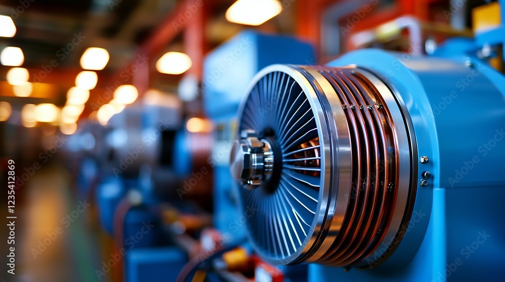 Obraz premium Vibrant Blue Industrial Turbine with Copper Coils