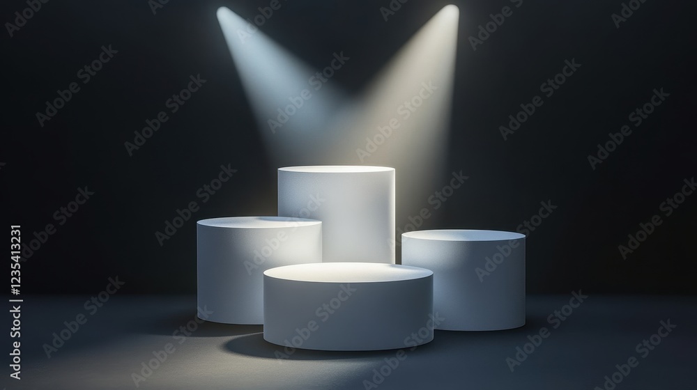 Lit Cylindrical Display Stands On Dark Background Lit Cylindrical Display Stands On Dark Background