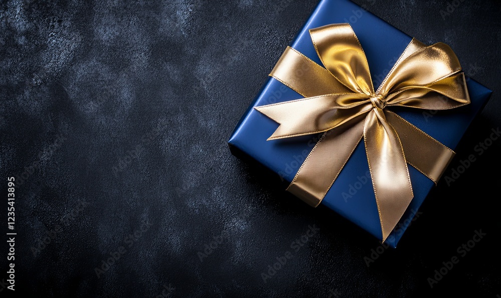 Blue gift box with gold ribbon on dark background for celebrations Blue gift box with gold ribbon on dark background for celebrations