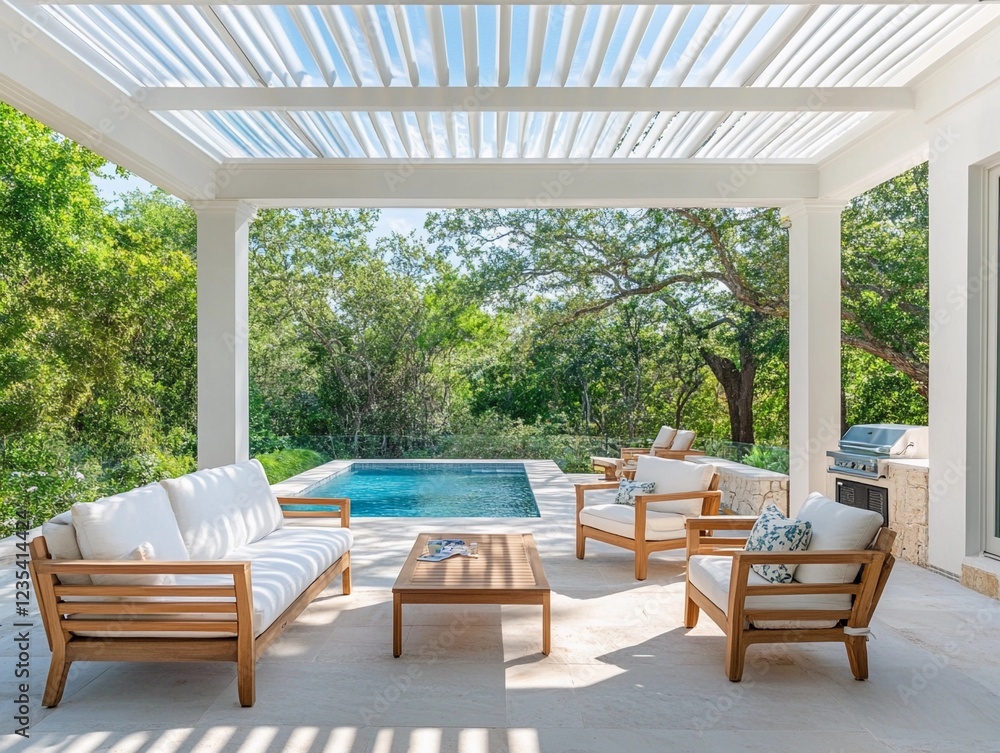 Fototapeta premium Luxurious outdoor patio with modern wooden furniture, pergola, poolside view, and lush greenery perfect for relaxation and entertainment