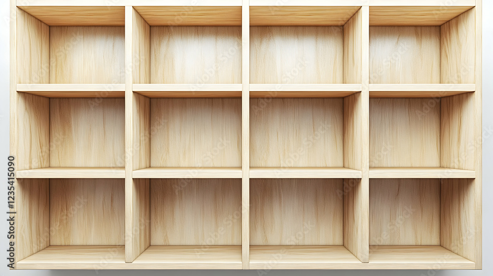 Empty Wooden Shelf Unit 3D Render Illustration - Perfect for Mockups and Design Projects Empty Wooden Shelf Unit 3D Render Illustration - Perfect for Mockups and Design Projects