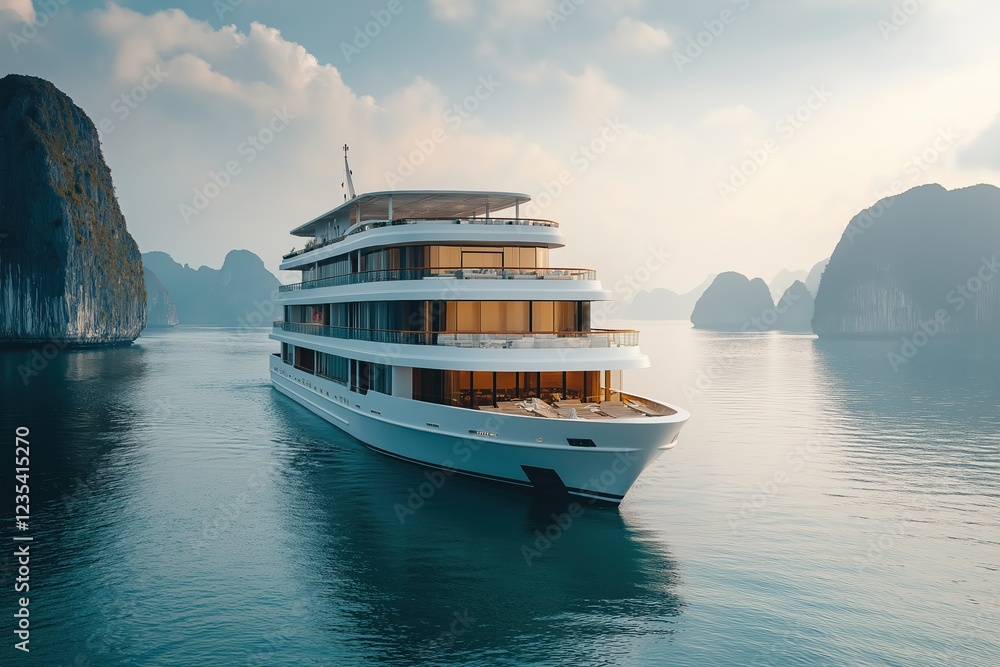Naklejka premium Luxury cruise ship navigating calm waters in a scenic bay surrounded by karst formations