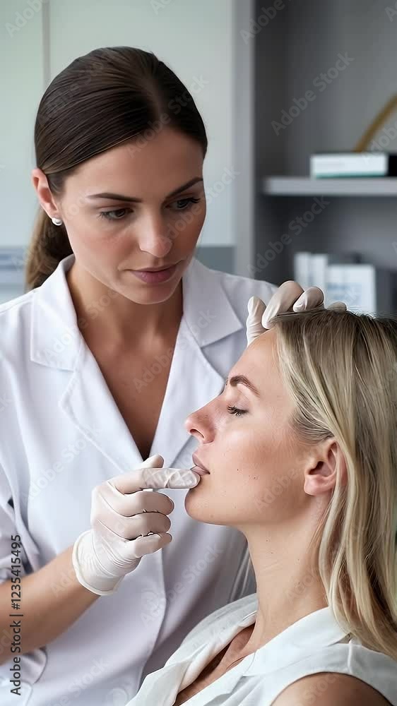 Aesthetic medicine doctor injecting hyaluronic acid into a blonde patient’s lips in a modern clinic. High-quality image ideal for representing aesthetic treatments, beauty, and skincare. Aesthetic medicine doctor injecting hyaluronic acid into a blonde patient’s lips in a modern clinic. High-quality image ideal for representing aesthetic treatments, beauty, and skincare.