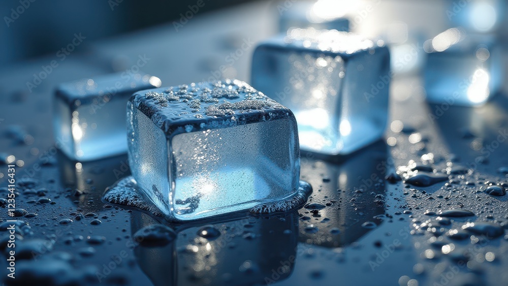 Melting ice cubes with water droplets on a reflective wet surface in soft lighting Melting ice cubes with water droplets on a reflective wet surface in soft lighting
