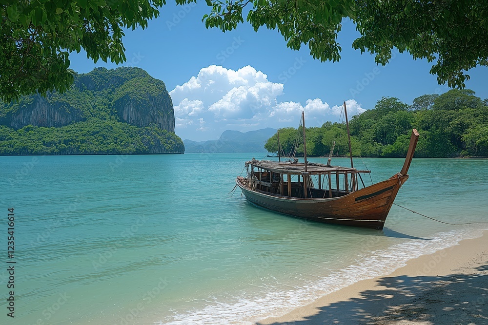Obraz premium Scenic beach with wooden boat anchored near lush green cliffs under blue sky