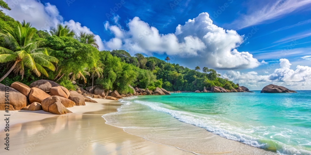 Fototapeta premium Serene Tropical Beach Scene with Lush Greenery, Rolling Waves, and Granite Boulders