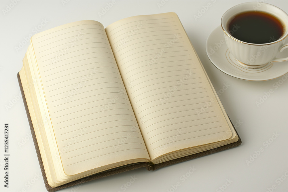 Naklejka premium Open blank notebook mockup with lined pages next to a cup of coffee on a white background