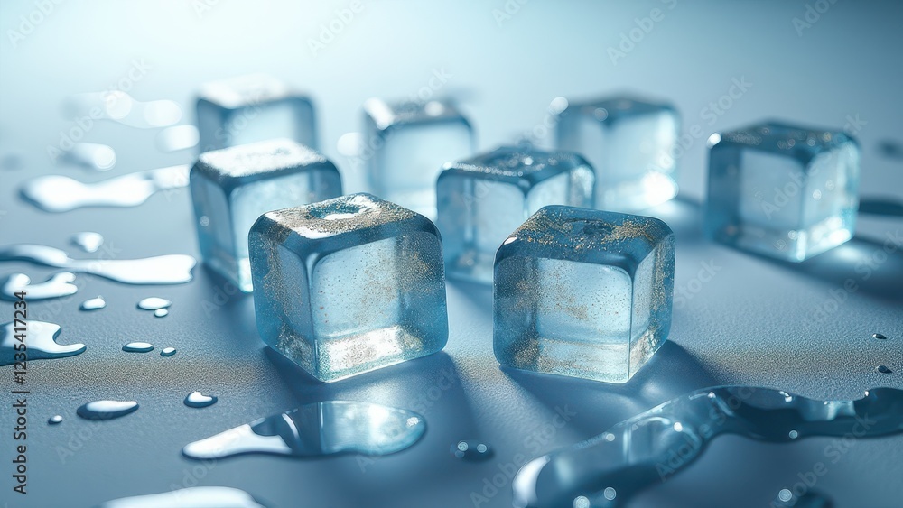 Melting ice cubes with water droplets on a reflective wet surface in cool lighting Melting ice cubes with water droplets on a reflective wet surface in cool lighting