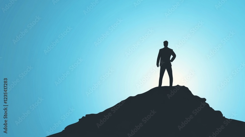 Obraz premium Silhouette of a Businessman Triumphantly Standing on a Mountain Peak