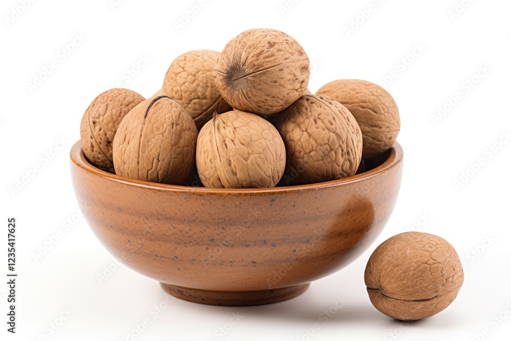 Ceramic bowl full of walnuts isolated on white background. Ceramic bowl full of walnuts isolated on white background.