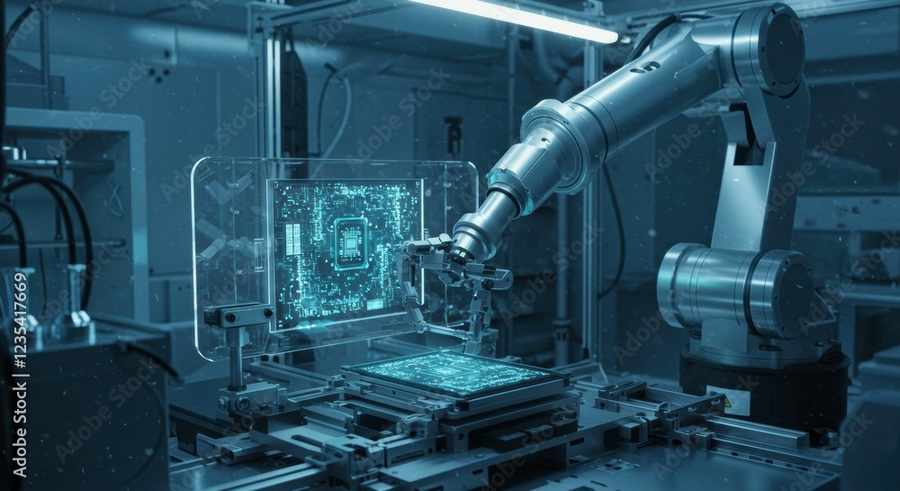 Robotic Precision: A high-tech robotic arm working on a complex circuit board inside a modern, futuristic laboratory Robotic Precision: A high-tech robotic arm working on a complex circuit board inside a modern, futuristic laboratory