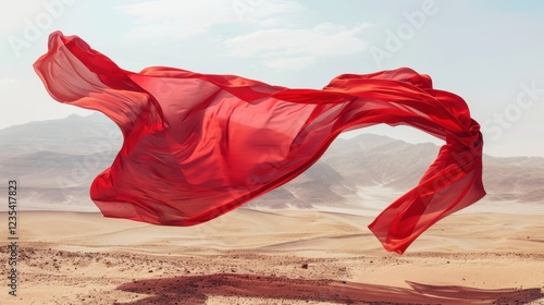 Red fabric flowing in desert, creating striking visual contrast against sandy landscape and mountains, evoking sense of freedom and movement