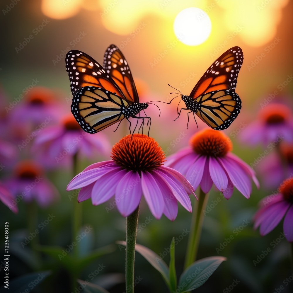 Two butterflies on a flower, with the sun shining brightly in the background Two butterflies on a flower, with the sun shining brightly in the background