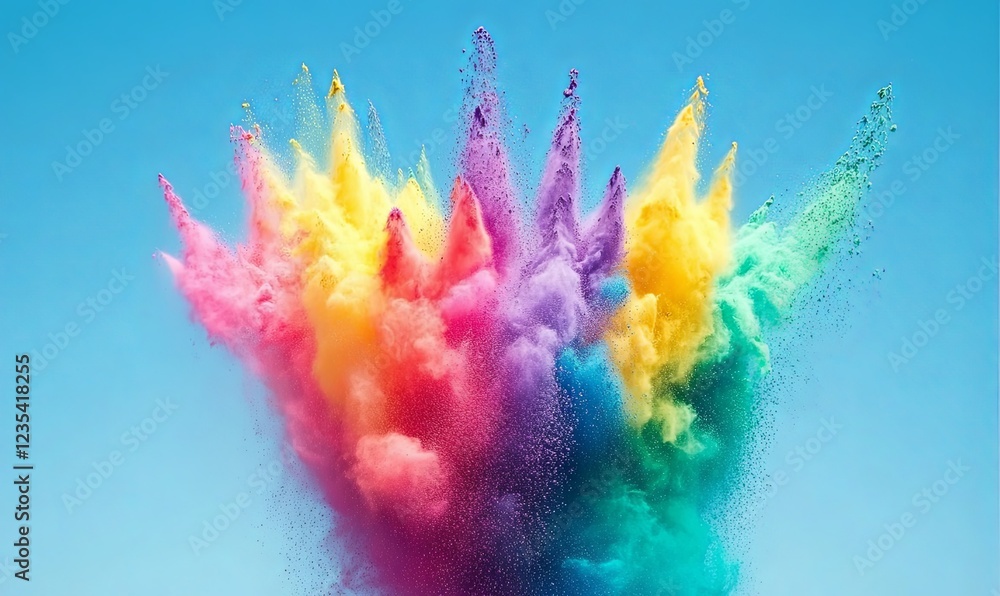 Obraz premium Colorful powder explosion against blue sky, ideal for vibrant backgrounds