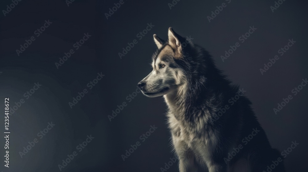Fototapeta premium majestic husky dog in profile, showcasing its striking features and fur against dark background, exuding sense of calm and strength