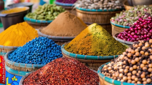 Fototapeta Naklejka Na Ścianę i Meble -  Vibrant spices in colorful baskets at market, showcasing variety of textures and hues. scene is rich with earthy tones and bright colors, creating inviting atmosphere